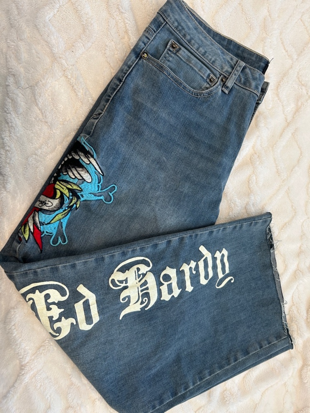 Ed Hardy Blue Embroidered Bootcut Jeans with White Logo